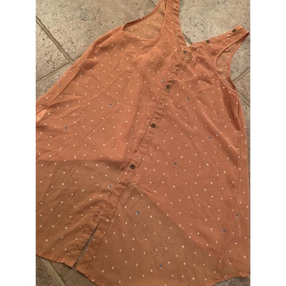 Decree Medium Sheer V Neck Hi Lo Tank Top Mustard Yellow Gold White Polka Dot - Picture 8 of 8